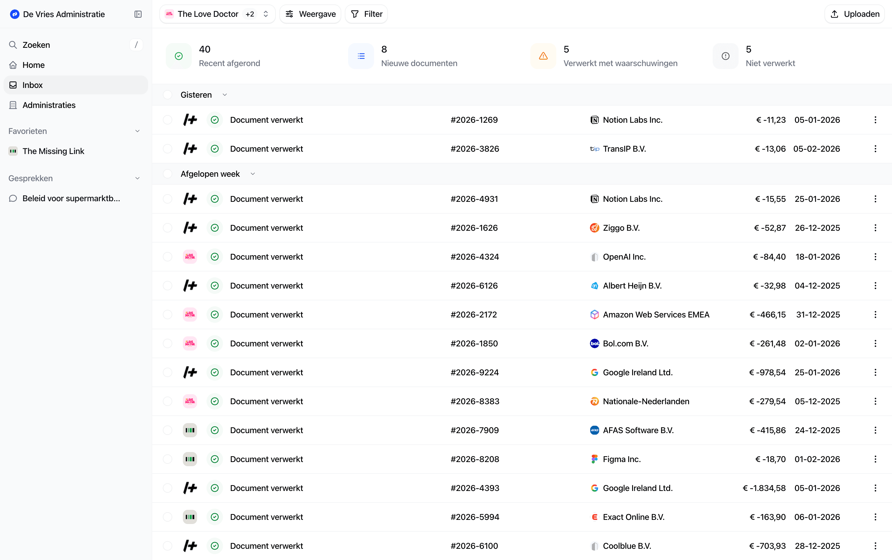 Easybooker inbox met documenten, leveranciers en verwerkingsstatussen
